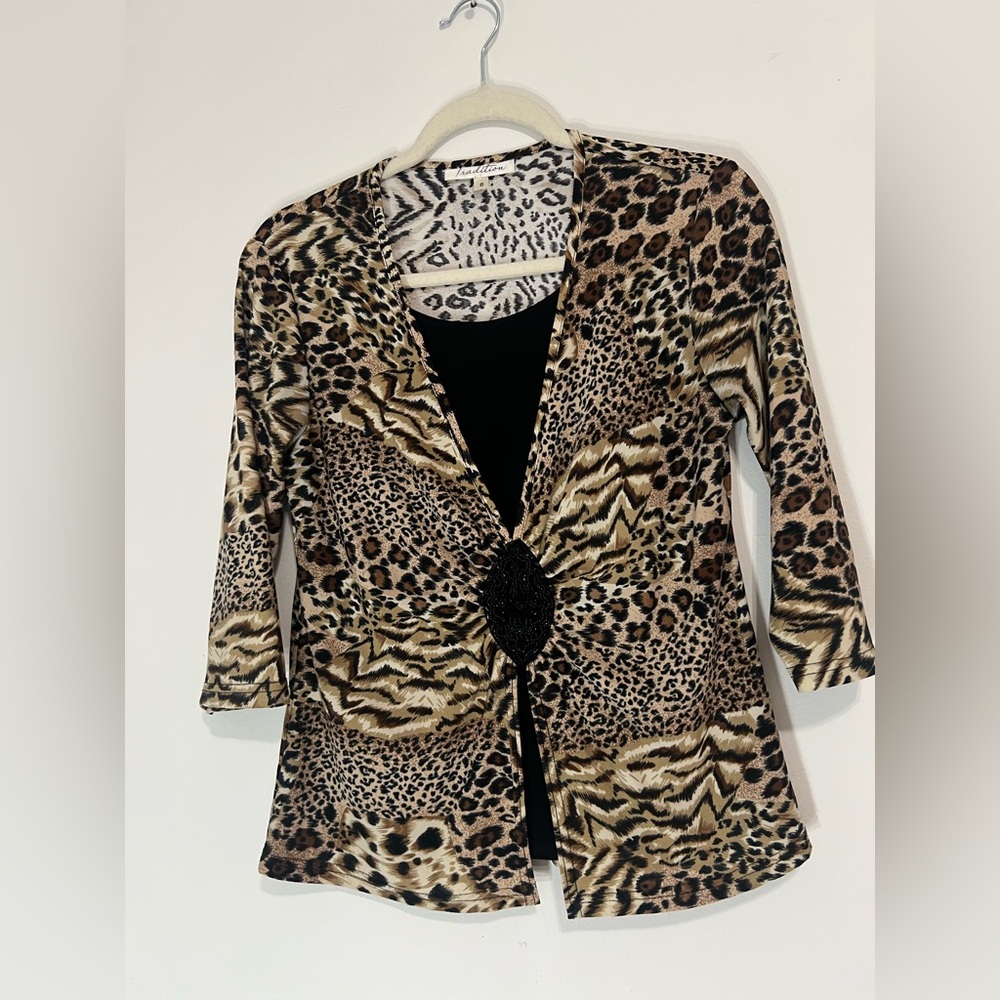 Y2K Animal Print Beaded Cardigan with Black Accent